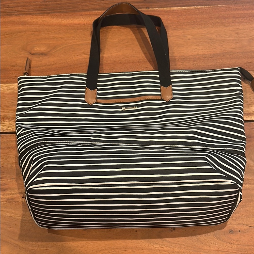 Stella & Dot Striped Black and White Tote Bag with Brown Accents